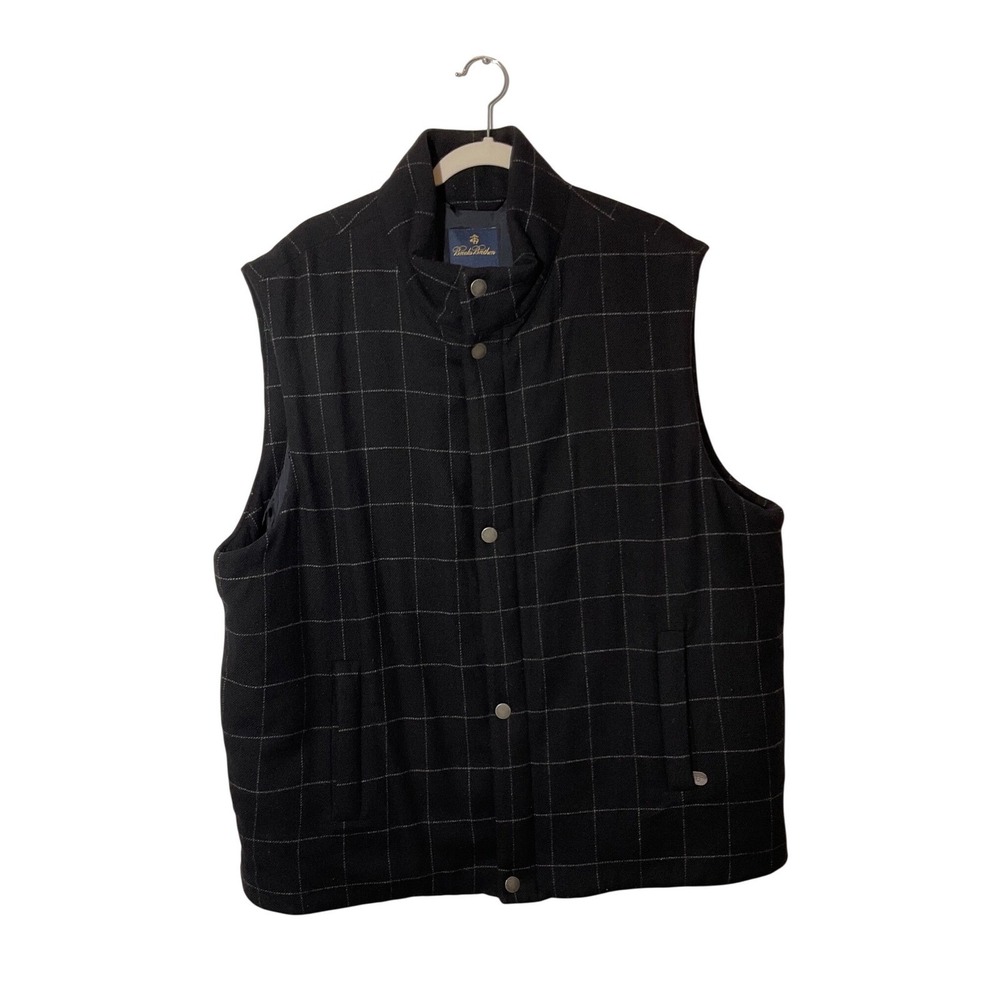 Brooks Brothers Mens XXL Wool Plaid Puffer Vest Black White Zip Front